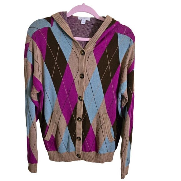 Charter Club Hooded Argyle Cardigan Sweater Tan Turquoise Pink Brown Size L - Picture 2 of 8